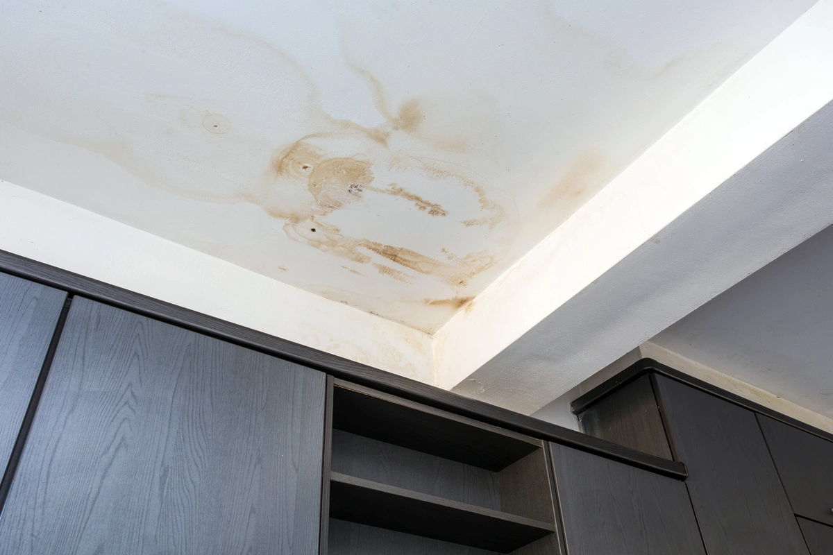 a ceiling with water stains on it-roof leak repair cost