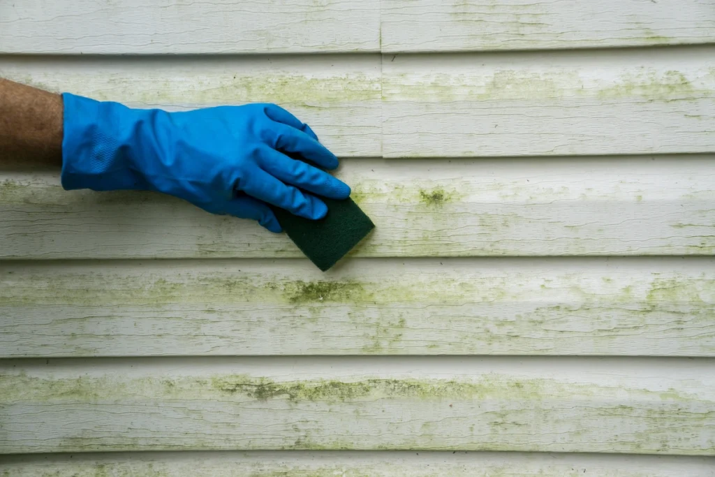 close up of hand cleaning vinyl siding