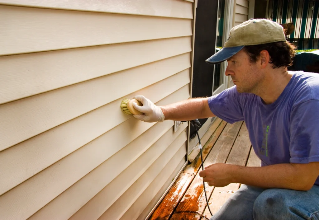 man washing vinyl siding on house